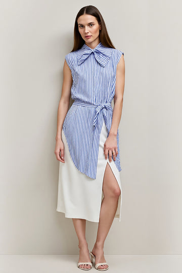 Blue Stripe Sheath Midi Work Dress with Slit